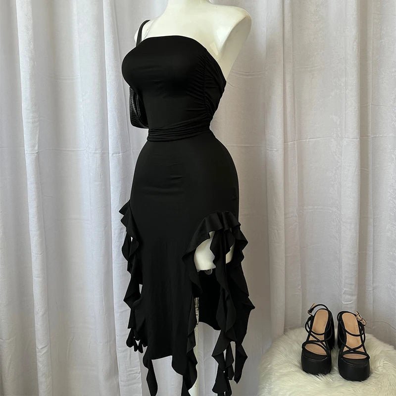 Women Strapless Sexy Floral Fold Hemline High Slit Mini Dress 2024 Solid Backless Sleeveless Black And Pink Party Dress Vestidos - flohmarkt-deutschland.shop