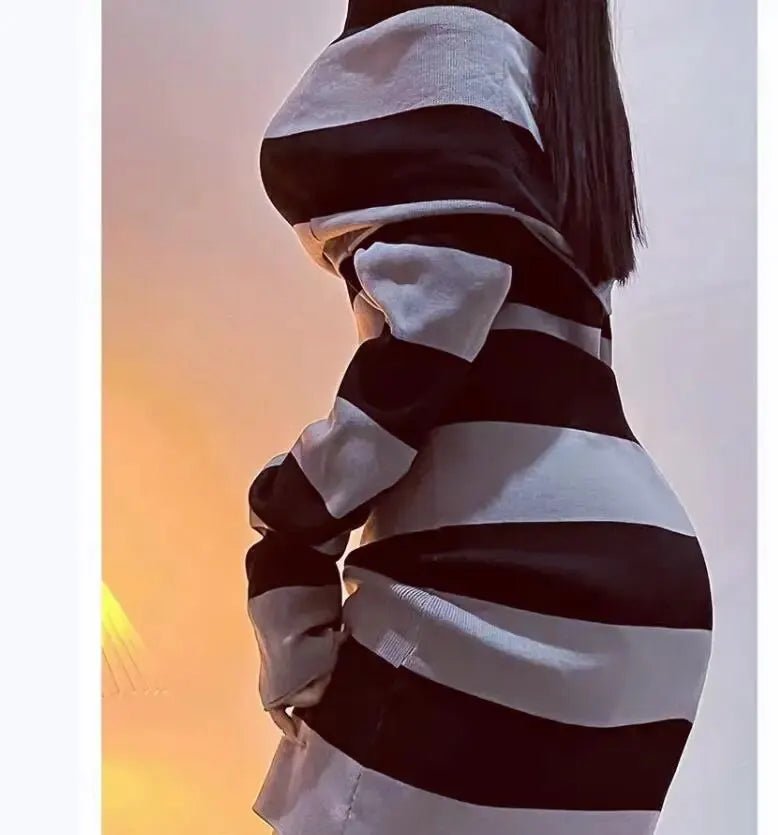 Women Striped Mini Bodycon Dress Stripe Boat-Neck Off Shoulder Long Sleeve Short Dress Spring Autumn Wrapped Hip Party Dress - flohmarkt-deutschland.shop