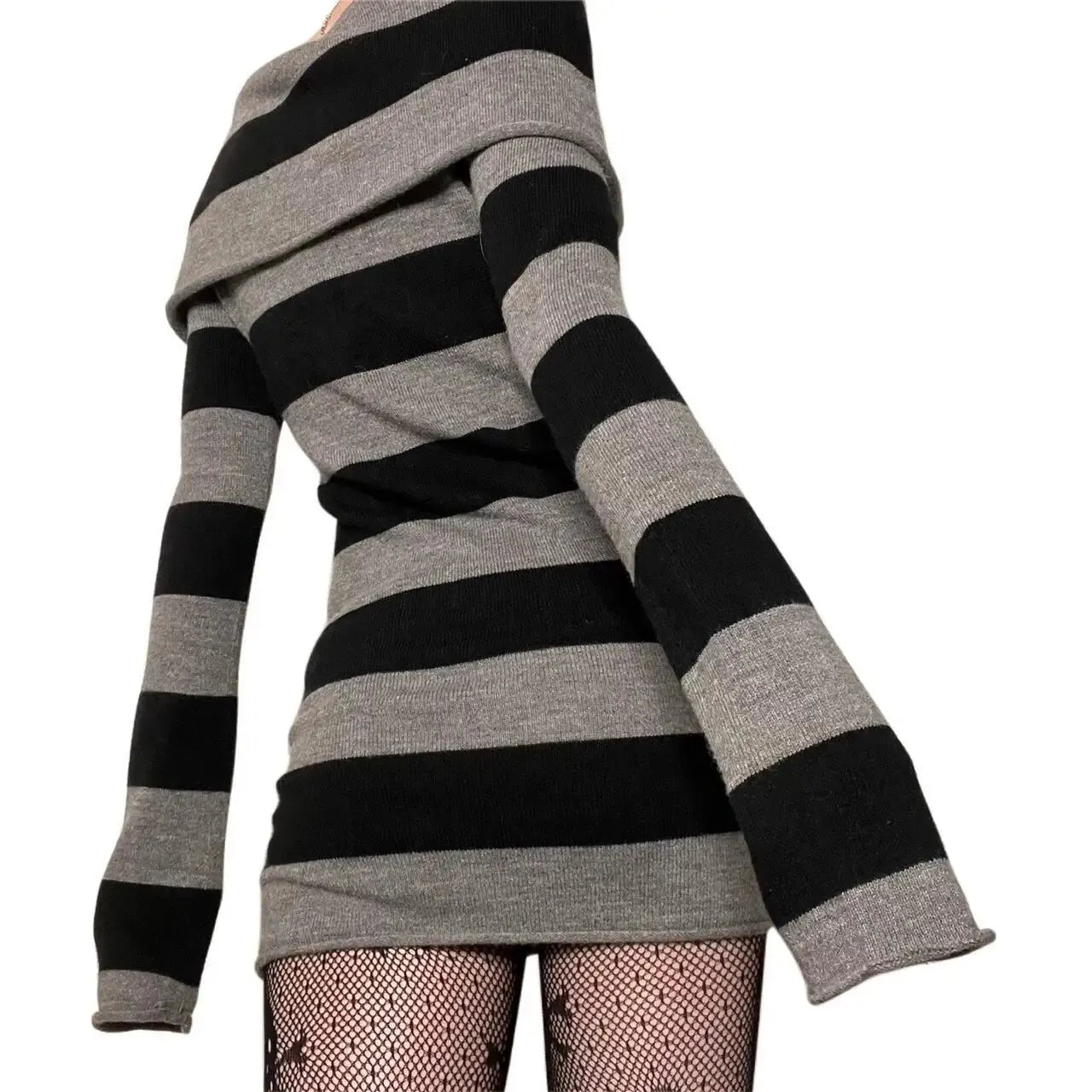 Women Striped Mini Bodycon Dress Stripe Boat-Neck Off Shoulder Long Sleeve Short Dress Spring Autumn Wrapped Hip Party Dress - flohmarkt-deutschland.shop