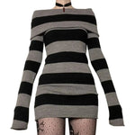 Women Striped Mini Bodycon Dress Stripe Boat-Neck Off Shoulder Long Sleeve Short Dress Spring Autumn Wrapped Hip Party Dress - flohmarkt-deutschland.shop