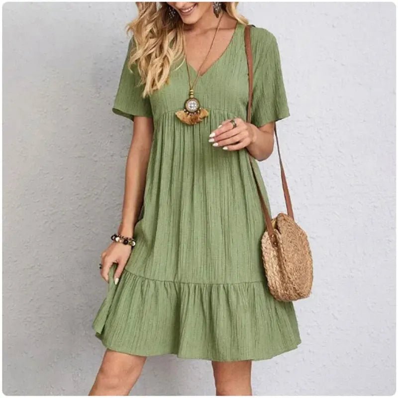 Women Summer Peplum Dresses Spring V-Neck Short Sleeve Loose Waist Ruffle Fit Flare Vocation Dresses - flohmarkt-deutschland.shop