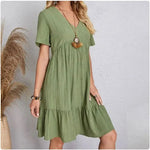 Women Summer Peplum Dresses Spring V-Neck Short Sleeve Loose Waist Ruffle Fit Flare Vocation Dresses - flohmarkt-deutschland.shop