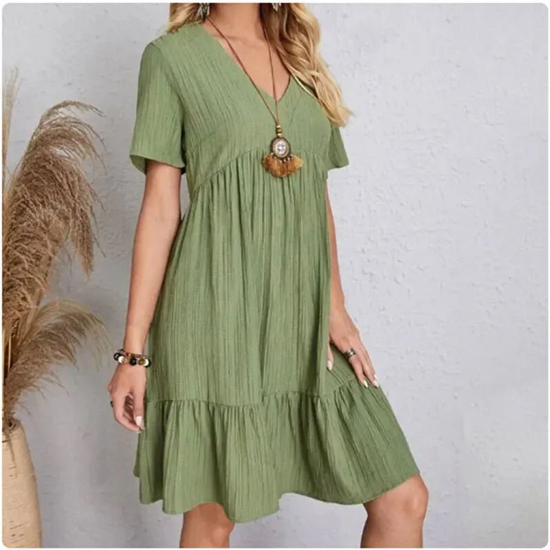 Women Summer Peplum Dresses Spring V-Neck Short Sleeve Loose Waist Ruffle Fit Flare Vocation Dresses - flohmarkt-deutschland.shop