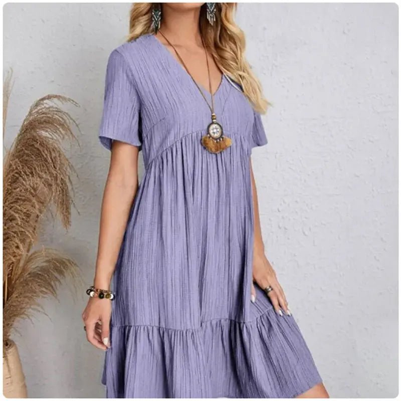 Women Summer Peplum Dresses Spring V-Neck Short Sleeve Loose Waist Ruffle Fit Flare Vocation Dresses - flohmarkt-deutschland.shop