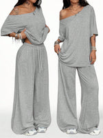 Women's Casual Solid Color Sports Two-Piece Loose Fit Pants Set with Slanted Hem and Wide Leg Design for Spring and Autumn - flohmarkt-deutschland.shop