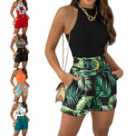 Women's Casual Tops Pants Suit, Sleeveless Round Neck Floral Print Vest + High Waist Trousers with Waist Belt - flohmarkt-deutschland.shop