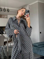 Women's geometric printed shirt+elastic waisted wide leg pants suit set, fashionable and casual for daily commuting in spring - flohmarkt-deutschland.shop