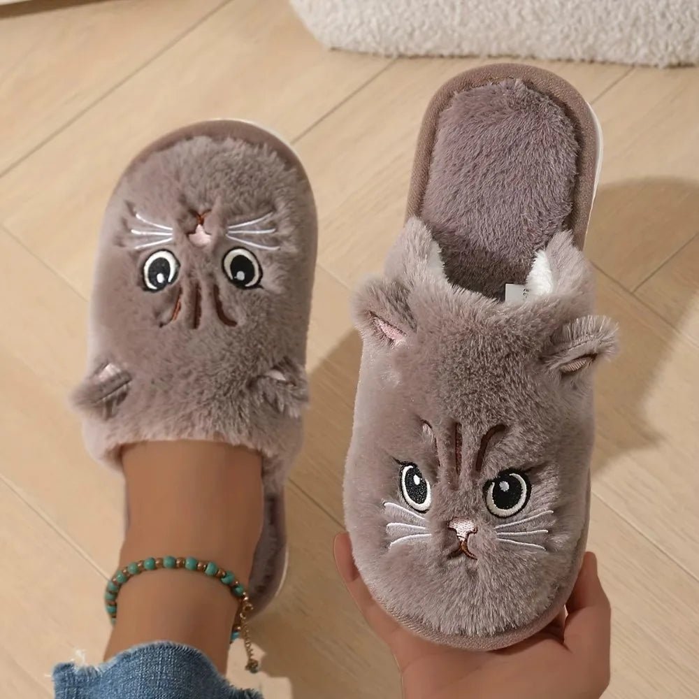 Womens Plush Cat Slippers Winter Warm Cozy Indoor House Shoes Soft EVA Sole Non-Slip Design - flohmarkt-deutschland.shop