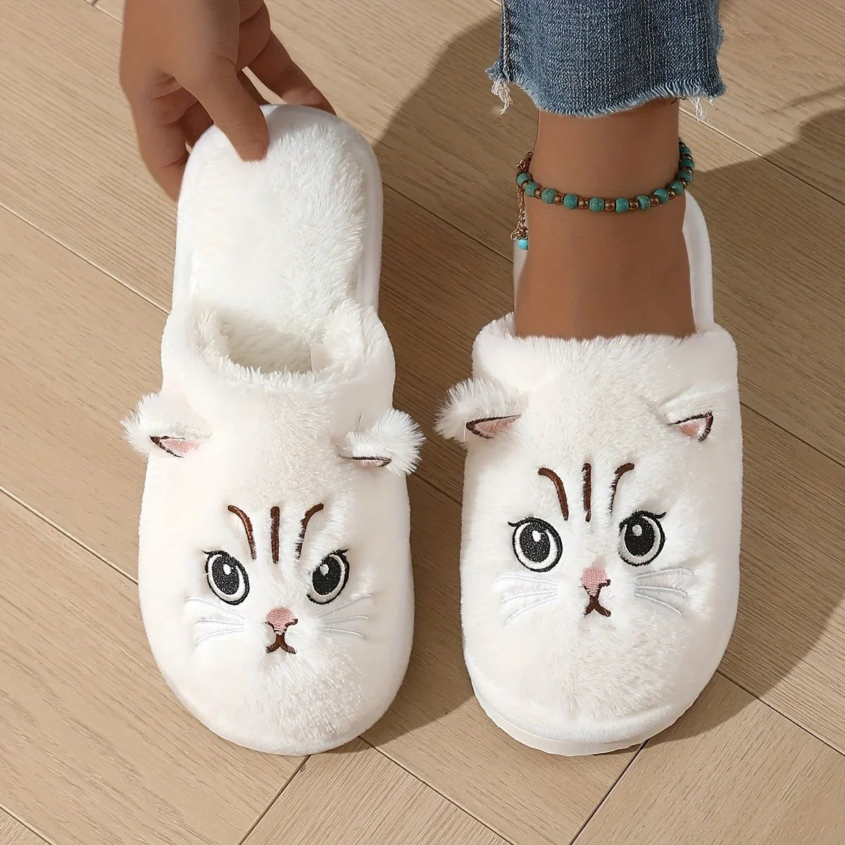 Womens Plush Cat Slippers Winter Warm Cozy Indoor House Shoes Soft EVA Sole Non-Slip Design - flohmarkt-deutschland.shop