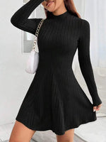 Women's slim fit half high collar waist cinched A-line skirt long sleeved pit stripe dress - flohmarkt-deutschland.shop