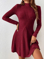 Women's slim fit half high collar waist cinched A-line skirt long sleeved pit stripe dress - flohmarkt-deutschland.shop