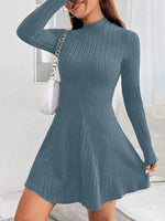 Women's slim fit half high collar waist cinched A-line skirt long sleeved pit stripe dress - flohmarkt-deutschland.shop