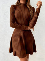 Women's slim fit half high collar waist cinched A-line skirt long sleeved pit stripe dress - flohmarkt-deutschland.shop