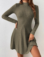 Women's slim fit half high collar waist cinched A-line skirt long sleeved pit stripe dress - flohmarkt-deutschland.shop