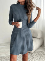 Women's slim fit half high collar waist cinched A-line skirt long sleeved pit stripe dress - flohmarkt-deutschland.shop