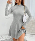 Women's slim fit half high collar waist cinched A-line skirt long sleeved pit stripe dress - flohmarkt-deutschland.shop