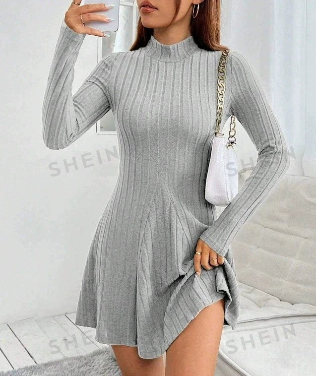Women's slim fit half high collar waist cinched A-line skirt long sleeved pit stripe dress - flohmarkt-deutschland.shop