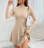 Women's slim fit half high collar waist cinched A-line skirt long sleeved pit stripe dress - flohmarkt-deutschland.shop