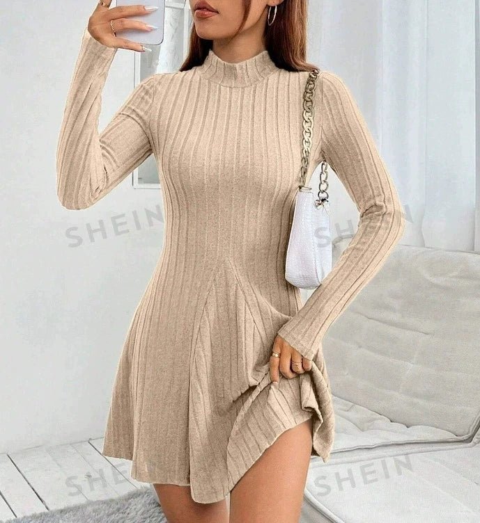 Women's slim fit half high collar waist cinched A-line skirt long sleeved pit stripe dress - flohmarkt-deutschland.shop