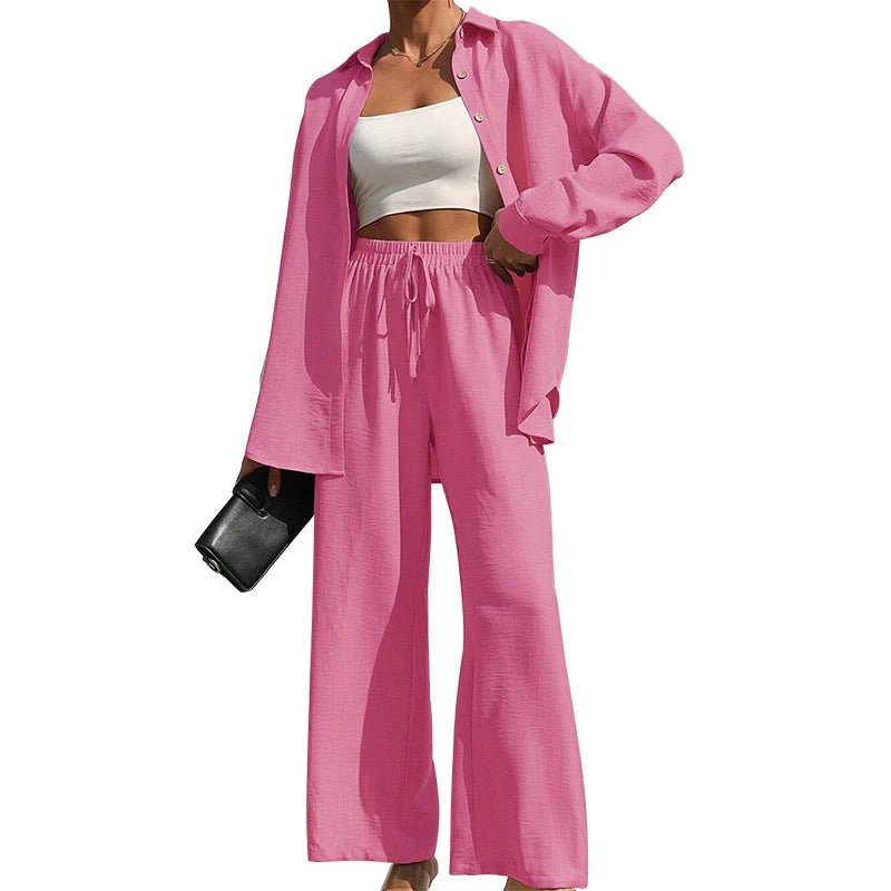 Women's Solid Button Front Shirt & Tie Front Wide Leg Pants Two-piece Set, Casual Drop Shoulder Long Sleeve Blouse Top & Trouser - flohmarkt-deutschland.shop