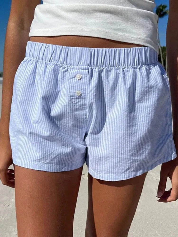 Women's Striped Print Casual Elastic Waist Shorts Y2K Loose Fit Summer Streetwear Chic Basic Fashion Button Detail - flohmarkt-deutschland.shop