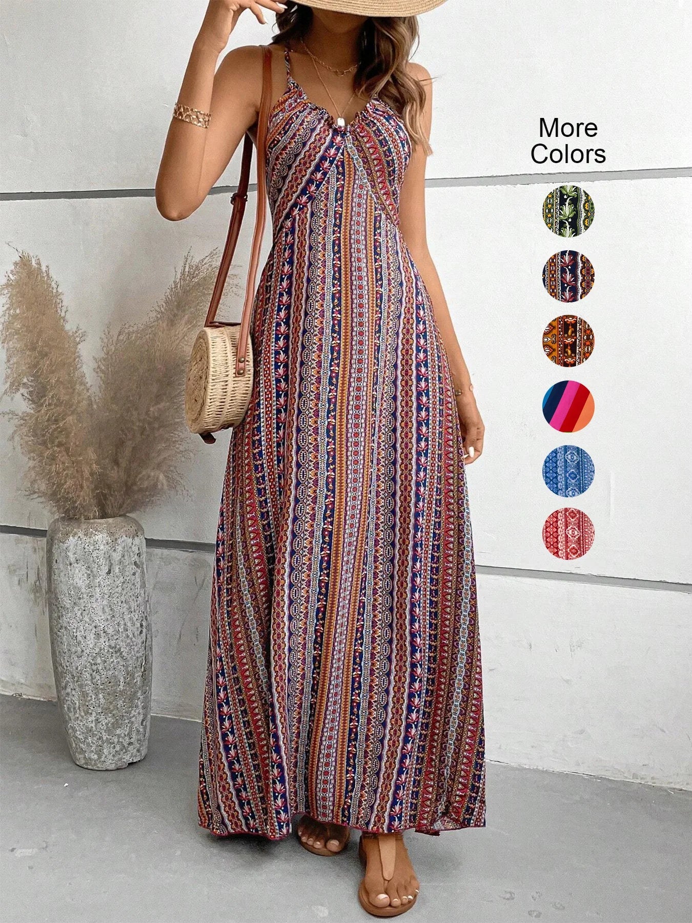 Women's Summer Ethnic Pattern Backless Split Thigh Dress Ladies Summer Clothes Boho Fashion Frill Trim Long Dress for Beach - flohmarkt-deutschland.shop