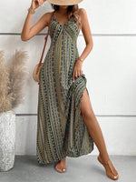 Women's Summer Ethnic Pattern Backless Split Thigh Dress Ladies Summer Clothes Boho Fashion Frill Trim Long Dress for Beach - flohmarkt-deutschland.shop
