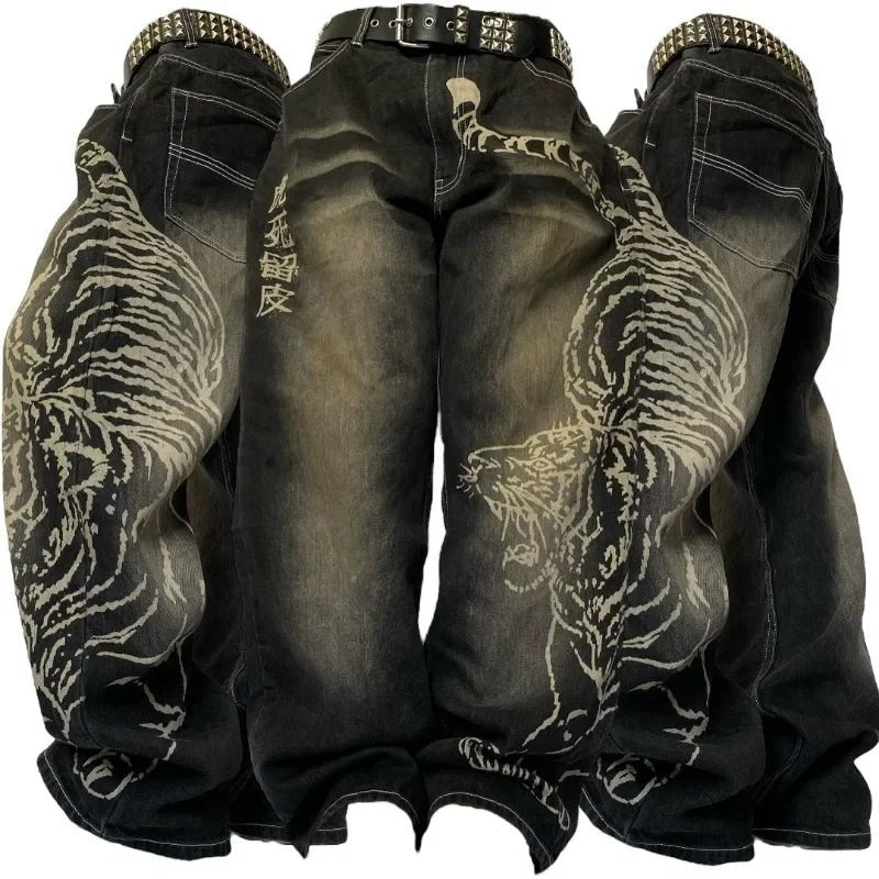Y2K American New Fashion Tiger Print Loose Jeans Women High Street Harajuku Wind Trend Casual Joker High Waist Wide Leg Pants - flohmarkt-deutschland.shop