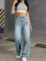 Y2k-Jeans für Damen, klassisch, blau, elastisch, gerades Bein, schlichtes Design, Retro-Stil, dehnbare Denim-Hose - flohmarkt-deutschland.shop