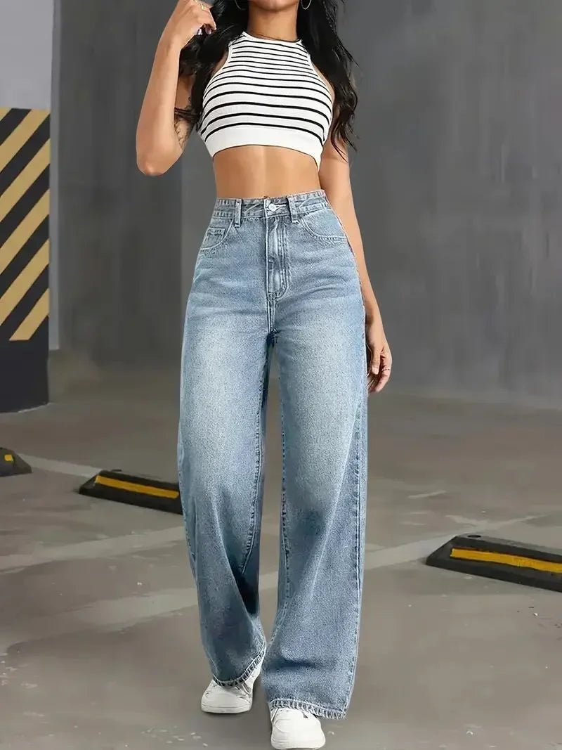 Y2k-Jeans für Damen, klassisch, blau, elastisch, gerades Bein, schlichtes Design, Retro-Stil, dehnbare Denim-Hose - flohmarkt-deutschland.shop