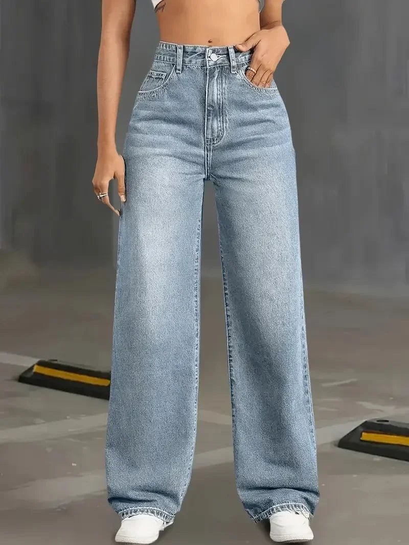 Y2k-Jeans für Damen, klassisch, blau, elastisch, gerades Bein, schlichtes Design, Retro-Stil, dehnbare Denim-Hose - flohmarkt-deutschland.shop