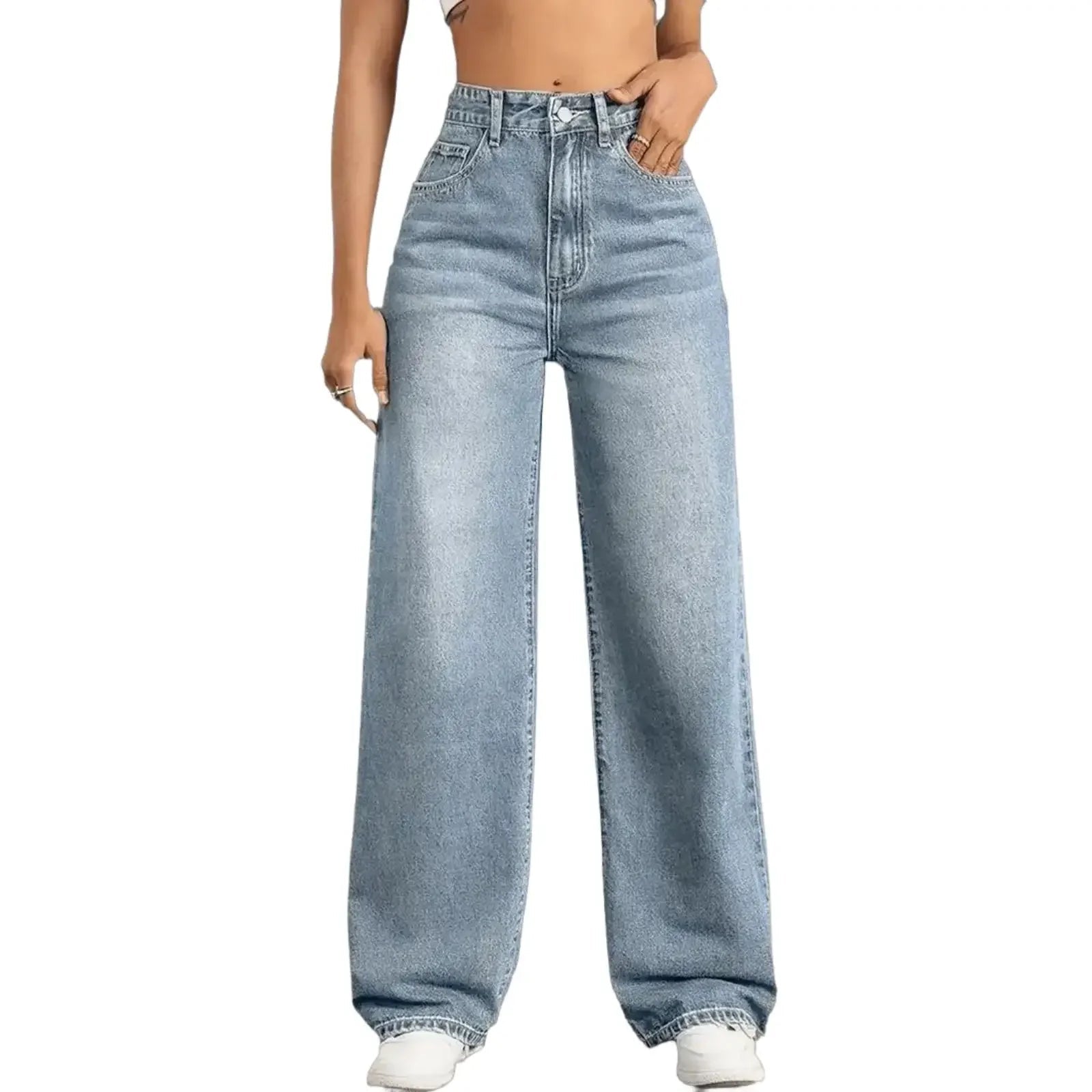 Y2k-Jeans für Damen, klassisch, blau, elastisch, gerades Bein, schlichtes Design, Retro-Stil, dehnbare Denim-Hose - flohmarkt-deutschland.shop