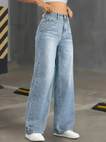 Y2k-Jeans für Damen, klassisch, blau, elastisch, gerades Bein, schlichtes Design, Retro-Stil, dehnbare Denim-Hose - flohmarkt-deutschland.shop
