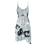 YENKYE New Women Newspaper Letter Print Irregular Hem Sling Dresses Fashion Backless Thin Straps With Chain Summer Sexy Dress - flohmarkt-deutschland.shop