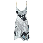 YENKYE New Women Newspaper Letter Print Irregular Hem Sling Dresses Fashion Backless Thin Straps With Chain Summer Sexy Dress - flohmarkt-deutschland.shop