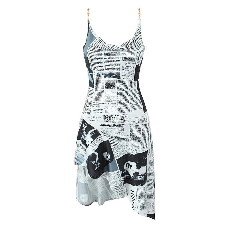 YENKYE New Women Newspaper Letter Print Irregular Hem Sling Dresses Fashion Backless Thin Straps With Chain Summer Sexy Dress - flohmarkt-deutschland.shop