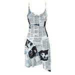 YENKYE New Women Newspaper Letter Print Irregular Hem Sling Dresses Fashion Backless Thin Straps With Chain Summer Sexy Dress - flohmarkt-deutschland.shop