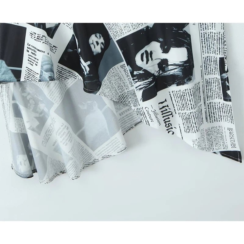 YENKYE New Women Newspaper Letter Print Irregular Hem Sling Dresses Fashion Backless Thin Straps With Chain Summer Sexy Dress - flohmarkt-deutschland.shop