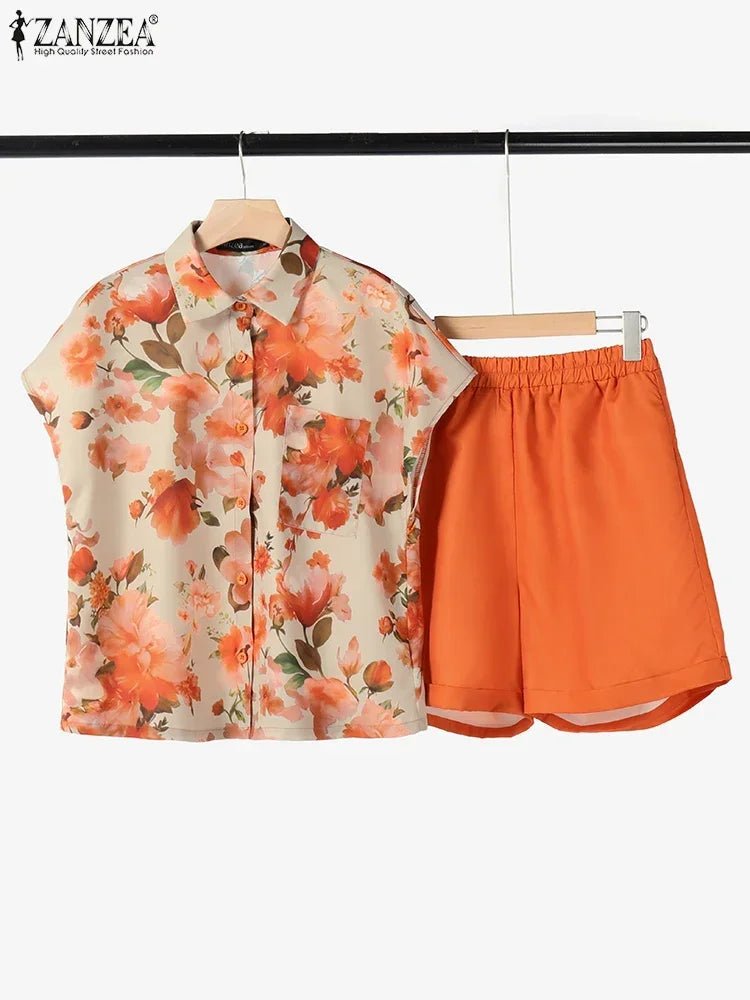 ZANZEA 2025 Fashion Women Korean Matching Tracksuit 2PCS Short Sets Floral Printed Shirt Outfits Holiday Summer Solid Short Suit - flohmarkt-deutschland.shop