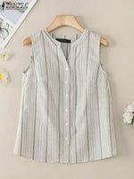 ZANZEA Sommer Gestreifte Tanks Frauen Mode Ärmellose V-ausschnitt Camis Tops 2024 Vintage Casual Tasten Unten Blusas Lose Hemd Tees - flohmarkt-deutschland.shop