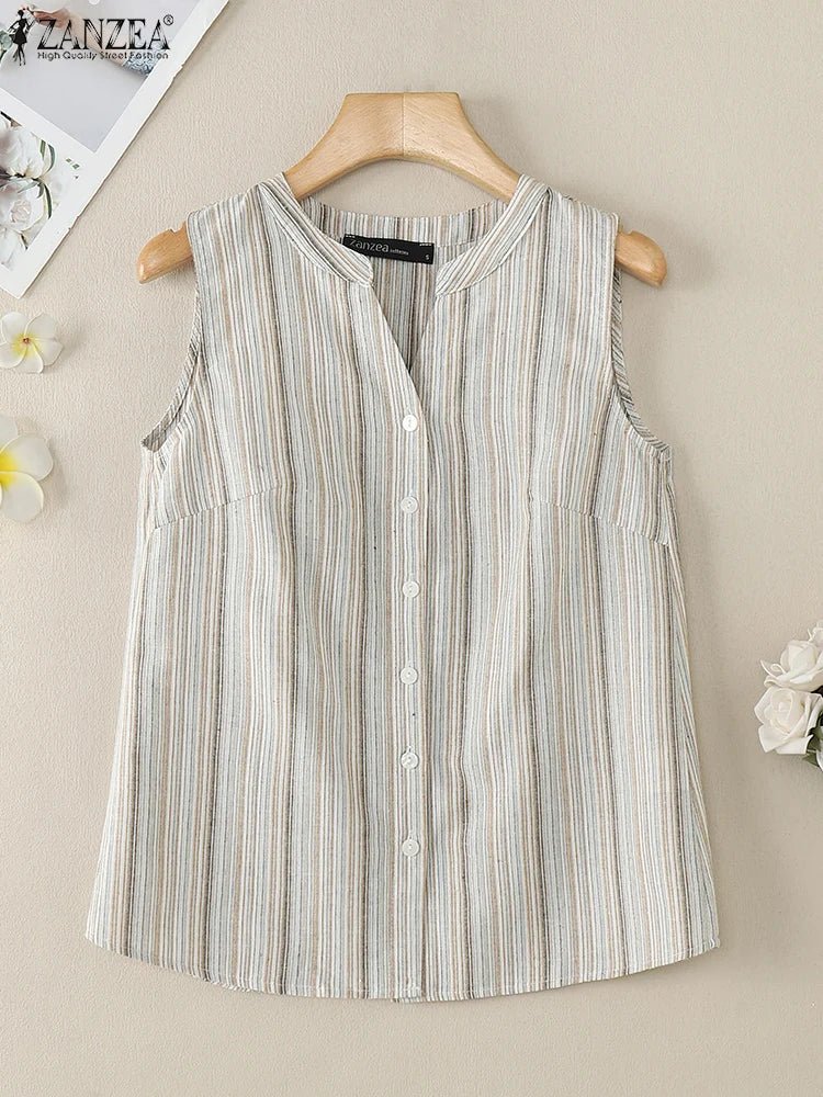ZANZEA Sommer Gestreifte Tanks Frauen Mode Ärmellose V-ausschnitt Camis Tops 2024 Vintage Casual Tasten Unten Blusas Lose Hemd Tees - flohmarkt-deutschland.shop