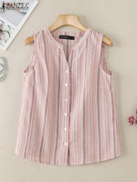 ZANZEA Sommer Gestreifte Tanks Frauen Mode Ärmellose V-ausschnitt Camis Tops 2024 Vintage Casual Tasten Unten Blusas Lose Hemd Tees - flohmarkt-deutschland.shop
