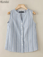 ZANZEA Sommer Gestreifte Tanks Frauen Mode Ärmellose V-ausschnitt Camis Tops 2024 Vintage Casual Tasten Unten Blusas Lose Hemd Tees - flohmarkt-deutschland.shop