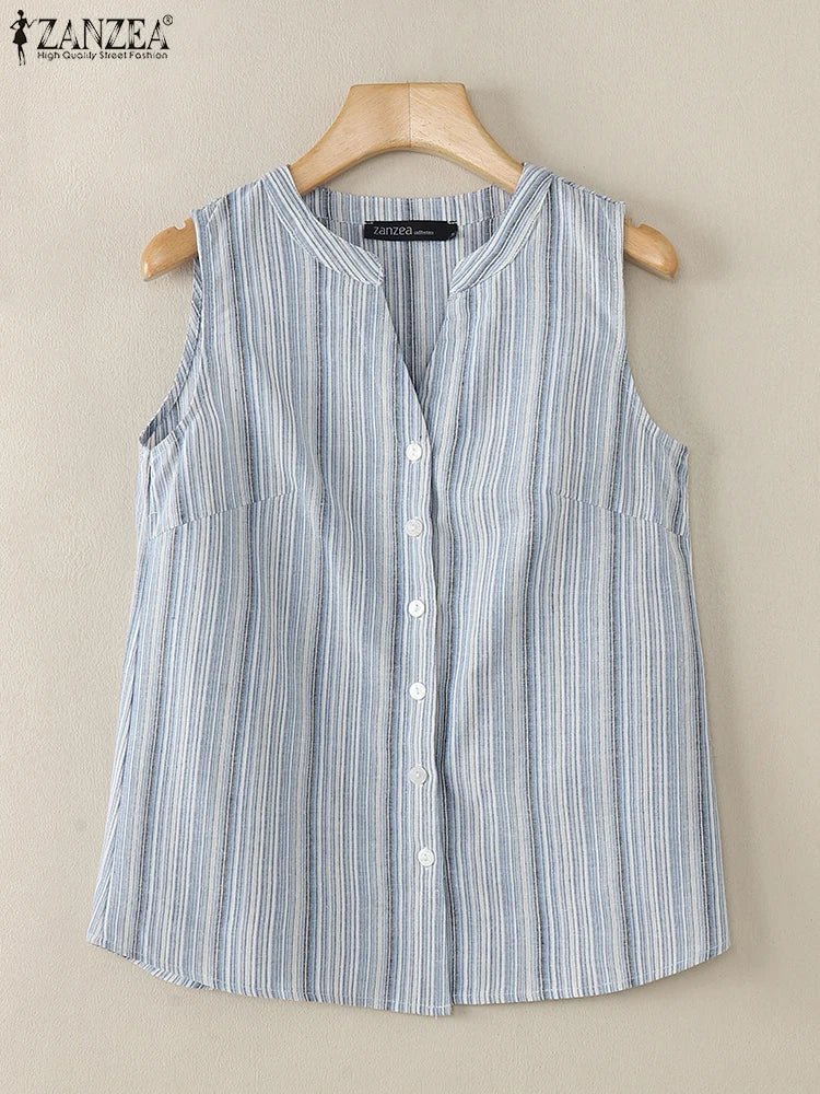ZANZEA Sommer Gestreifte Tanks Frauen Mode Ärmellose V-ausschnitt Camis Tops 2024 Vintage Casual Tasten Unten Blusas Lose Hemd Tees - flohmarkt-deutschland.shop