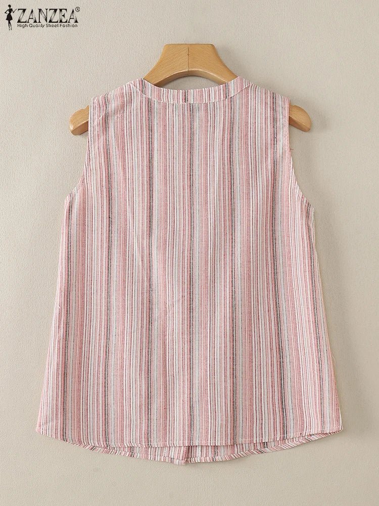 ZANZEA Sommer Gestreifte Tanks Frauen Mode Ärmellose V-ausschnitt Camis Tops 2024 Vintage Casual Tasten Unten Blusas Lose Hemd Tees - flohmarkt-deutschland.shop