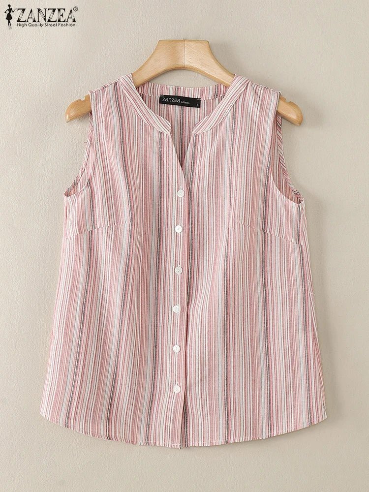 ZANZEA Sommer Gestreifte Tanks Frauen Mode Ärmellose V-ausschnitt Camis Tops 2024 Vintage Casual Tasten Unten Blusas Lose Hemd Tees - flohmarkt-deutschland.shop