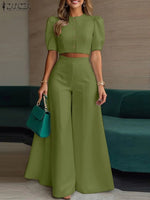 ZANZEA Women's Pant Sets 2 Piece Elegant Chic Short Crop Tops & Wide Leg Pants Two Piece Outfits Trouser Suits Woman Clothes 3XL - flohmarkt-deutschland.shop