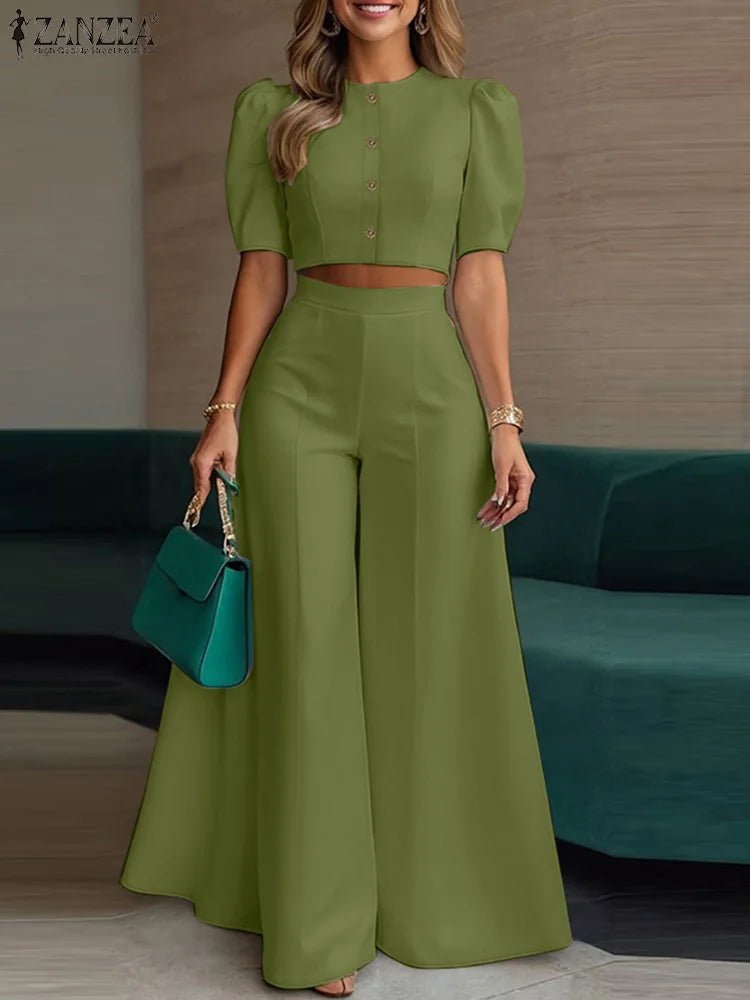 ZANZEA Women's Pant Sets 2 Piece Elegant Chic Short Crop Tops & Wide Leg Pants Two Piece Outfits Trouser Suits Woman Clothes 3XL - flohmarkt-deutschland.shop