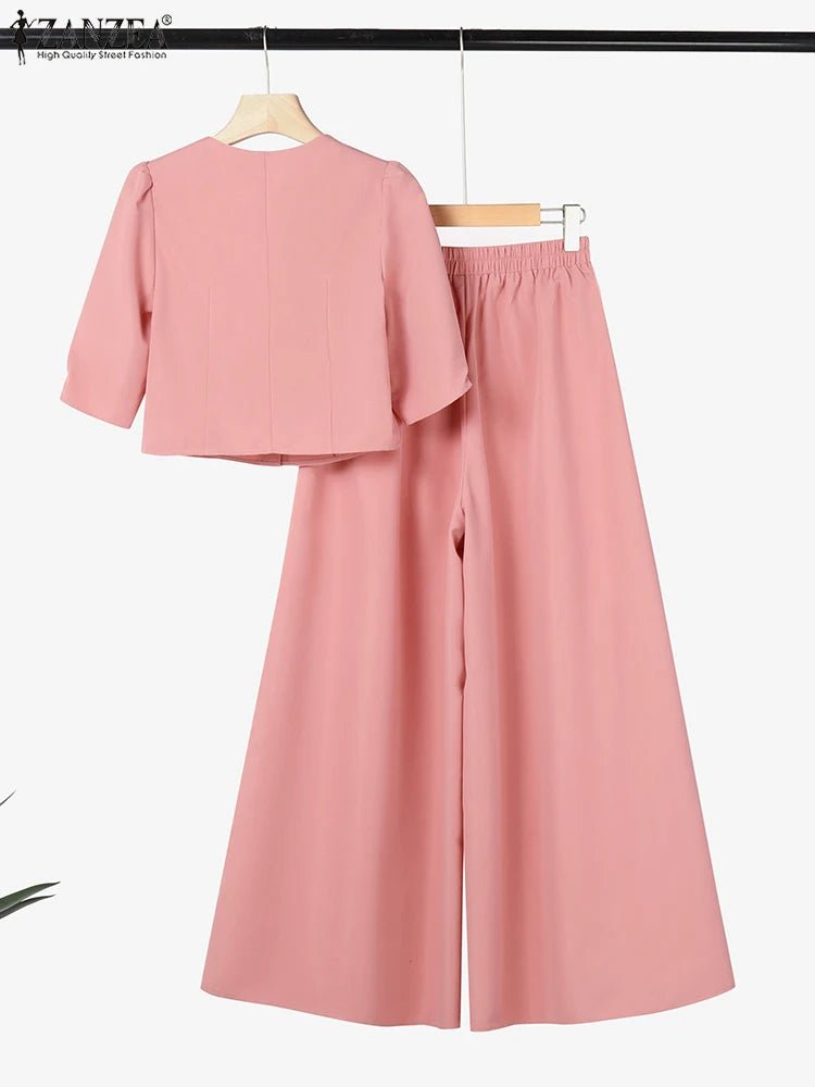 ZANZEA Women's Pant Sets 2 Piece Elegant Chic Short Crop Tops & Wide Leg Pants Two Piece Outfits Trouser Suits Woman Clothes 3XL - flohmarkt-deutschland.shop