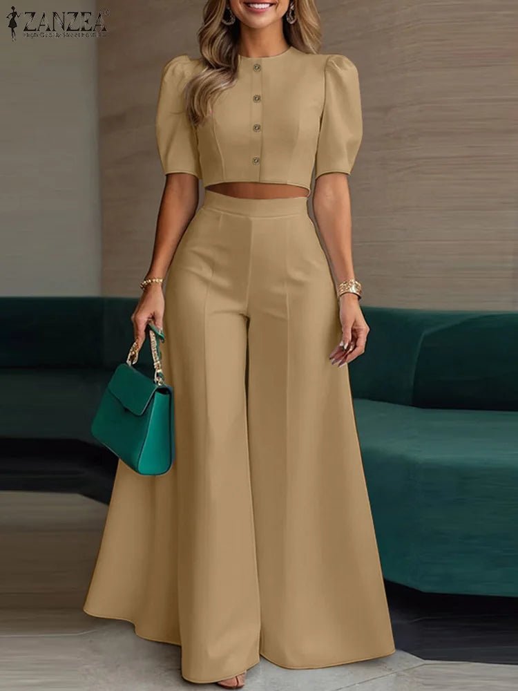 ZANZEA Women's Pant Sets 2 Piece Elegant Chic Short Crop Tops & Wide Leg Pants Two Piece Outfits Trouser Suits Woman Clothes 3XL - flohmarkt-deutschland.shop